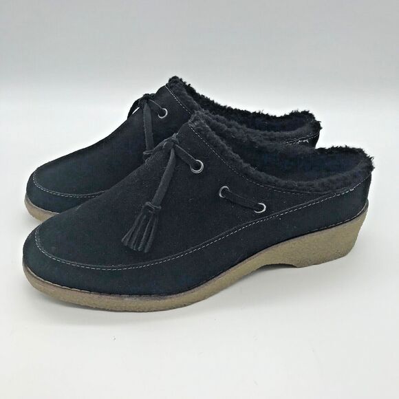 Lands' End Black Suede Faux Fur Lined Clogs Women 7.5 Tasseled Crepe Wedge Shoe - Picture 1 of 10